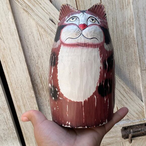 Cat Wooden Carved Handpainted Made in Indonesia 6in - Picture 1 of 10